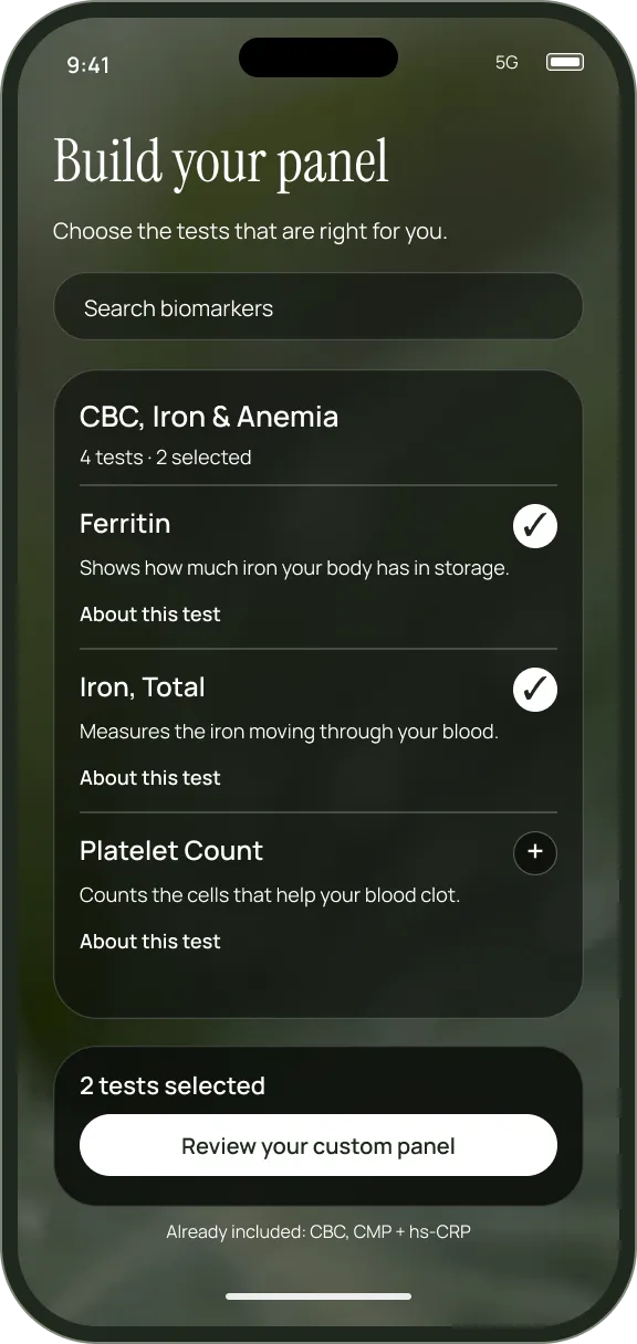 EllaDx panel builder with Ferritin and Iron selected and a link to learn about each test.