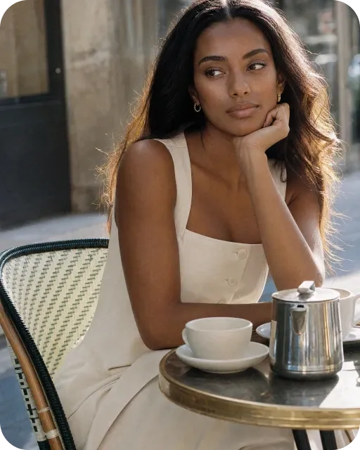 Woman in a beige dress at a cafe