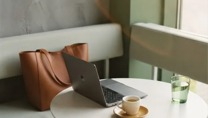 Laptop and coffee at a cafe table