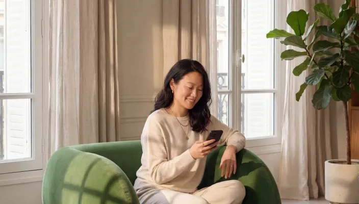 Woman checking her phone beside a window