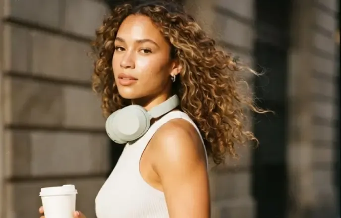A woman walking down a city street with a coffee