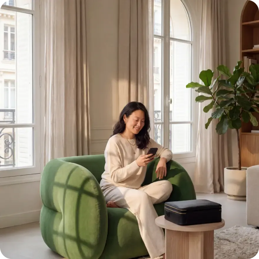 A woman reading her results on her phone in her living room